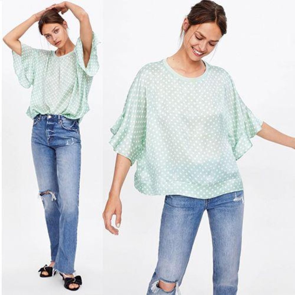 ZARA Mint Green Polka Dot Jacquard Top‎ Sz S